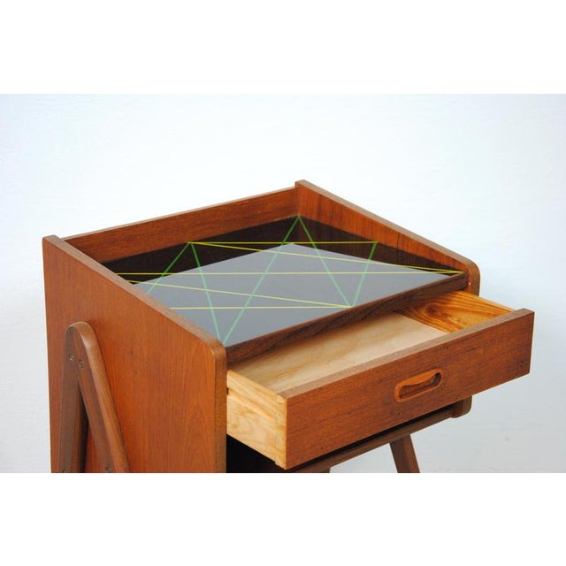 1960s Fully Restored Teak Nightstands with Decorated Glass Tabletops, 1960s, Set of 2 For Sale - Image 5 of 7