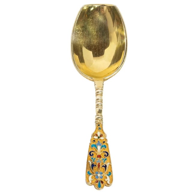 Antique Imperial Russian Silver Gilt Cloisonne Tea Caddy Spoon Moscow 1880 For Sale - Image 4 of 12