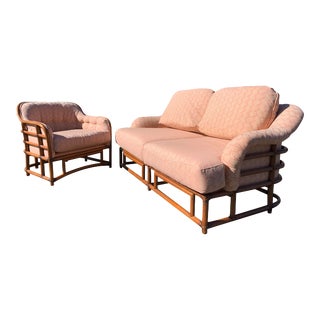 1980s Ficks Reed Rattan Wicker Bamboo Sofa and Chair Boho Chic Coastal Style For Sale