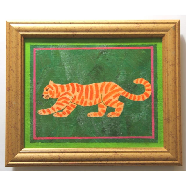An orange tiger silhouette on a green textured background with a green and raspberry border. Abstract, Minimalism, Folk...