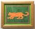 An orange tiger silhouette on a green textured background with a green and raspberry border. Abstract, Minimalism, Folk...