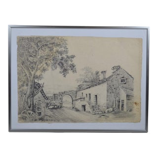 French School From the End of the 19th Century. Pencil Drawing "The Old Farm" For Sale