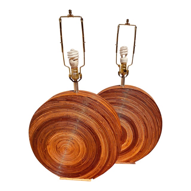 Large Vintage Bohemian Hollywood Regency Pencil Reed Table Lamps in the Style of Gabriella Crespi - A Pair For Sale