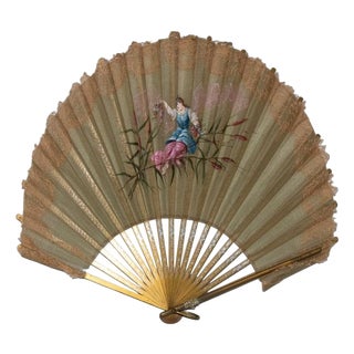 Antique Italian Gilded Silk Fan with Embroidery, 18th Century For Sale
