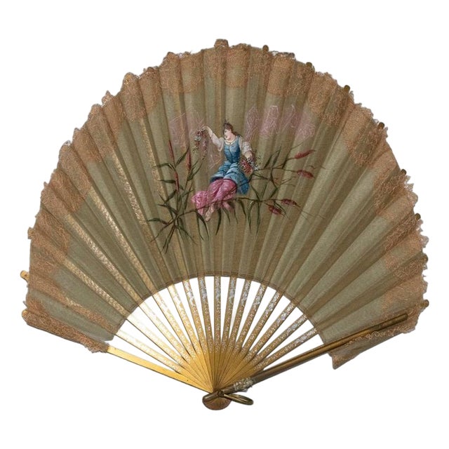 Antique Italian Gilded Silk Fan with Embroidery, 18th Century For Sale