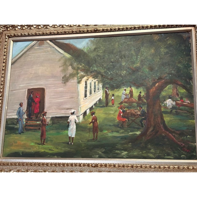 Textile Acrylic Painting on Canvas Ted Ellis on the Shadow Side of Church For Sale - Image 7 of 7