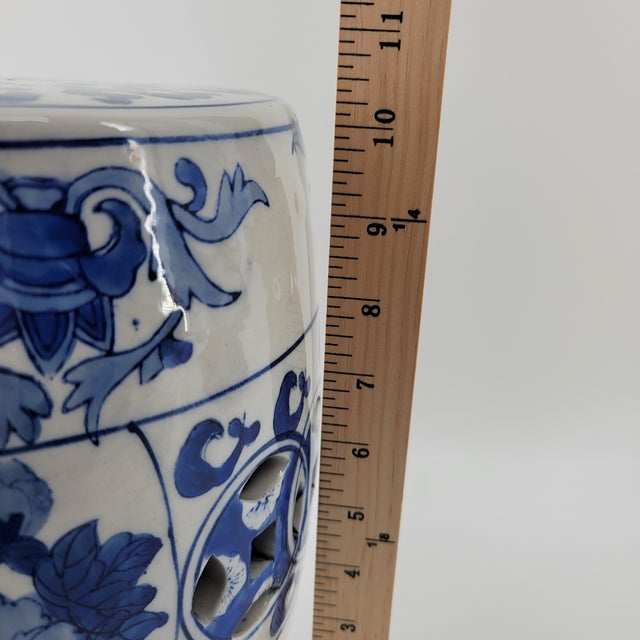 Wood Vintage Chinoiserie Porcelain Garden Stool & Carved Wood Stand Set For Sale - Image 7 of 14