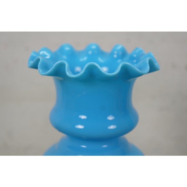 Turquoise 2 Antique Bristol Blue Turquoise Opaline Ruffled Clambroth Mantel Vases Urns 11" For Sale - Image 8 of 13