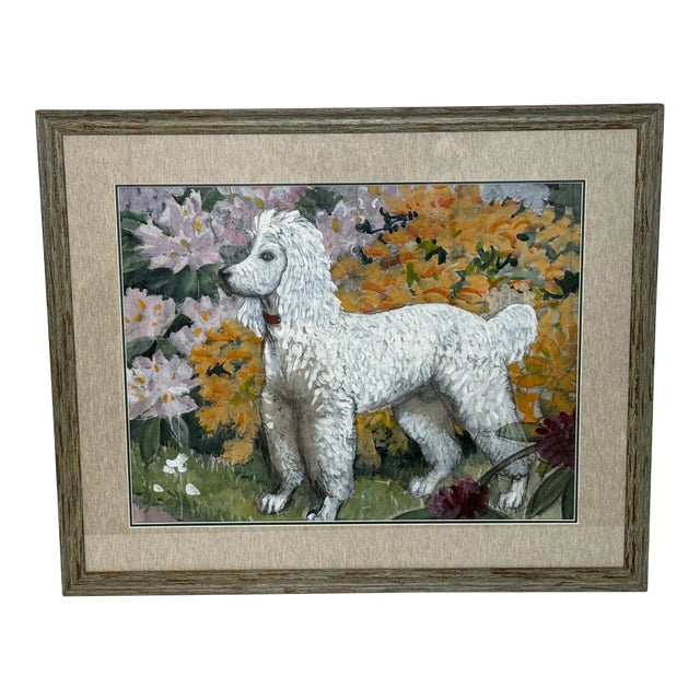 Portrait Painting White Poodle Dog With Rhododendron Flowers by Charles Frederick Tunnicliffe For Sale