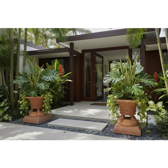 Stone Pair of Large 31" Basket Weave Stone Urn Planters With Lion Paw Feet For Sale - Image 7 of 11