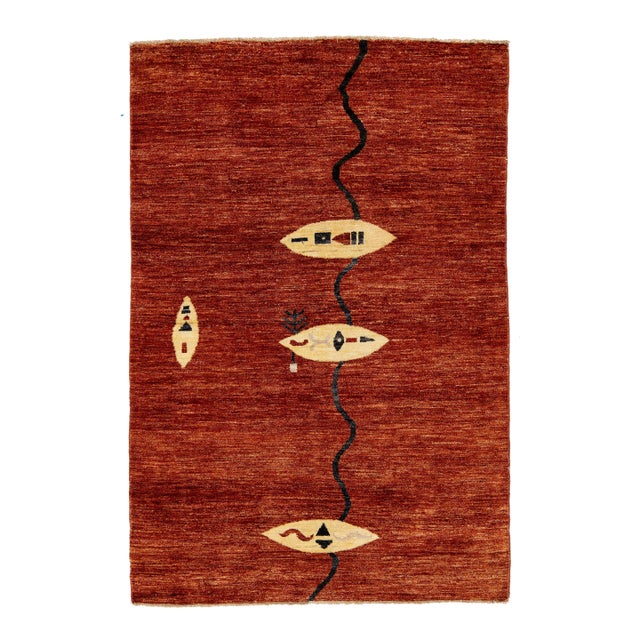 5 X 7 Modern Gabbeh Handmade Wool Rug in Burnt Orange For Sale