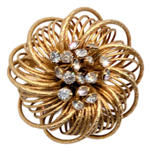 Vintage 1960s Signed Castlecliff Goldtone & Clear Rhinestone Flower Brooch