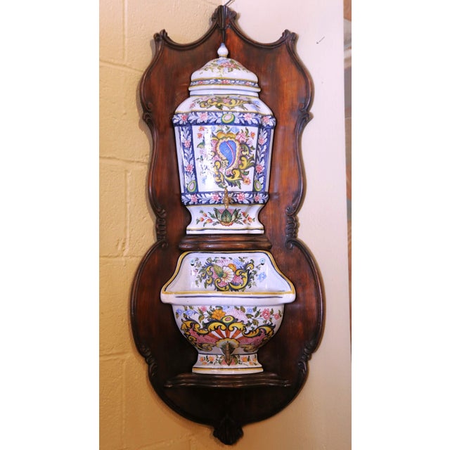 Ceramic Mid-Century French Hand Painted Corner Desvres Wall Faience Lavabo Fountain For Sale - Image 7 of 16