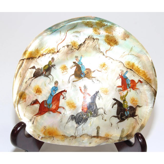 Hand Painted Asian Persian miniature painting on a sea oyster shell. Middle Eastern Moorish design miniature painting on...