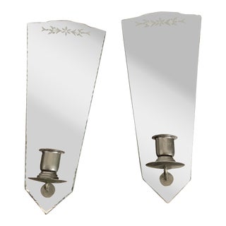 Vintage Venetian Floral Etched Beveled Style Mirror Wall Candle Scones- a Pair For Sale
