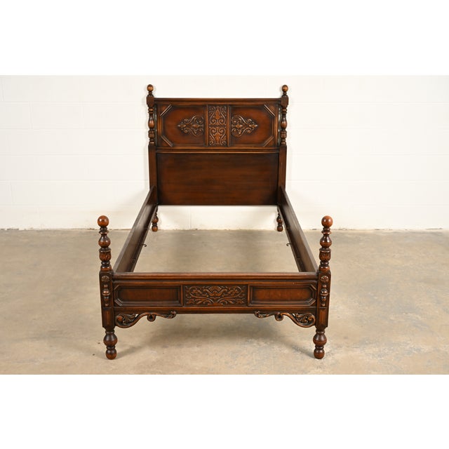 English Berkey & Gay Style Antique English Jacobean Carved Walnut and Burl Wood Twin Size Bed, Circa 1920s For Sale - Image 3 of 13