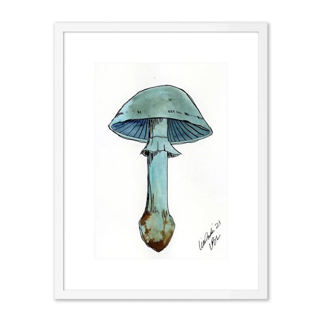 Contemporary Blue Mushroom by Lia Burke Libaire in White Frame, XS Art Print For Sale - Image 3 of 3
