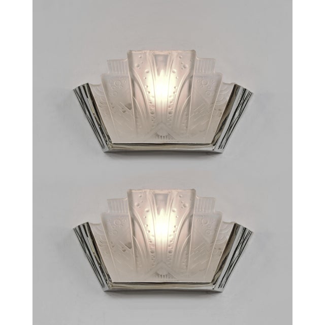 Art Deco Pair of 1930s Muller Freres French Art Deco Geometric Stepped Wall Sconces - 2 Pairs Available For Sale - Image 3 of 8