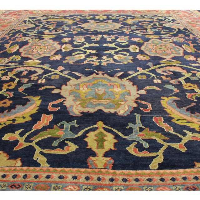 Navy Blue Antique Persian Sultanabad Carpet in Navy Blue Background and Rose Red Border 10'5 X 13' For Sale - Image 8 of 18