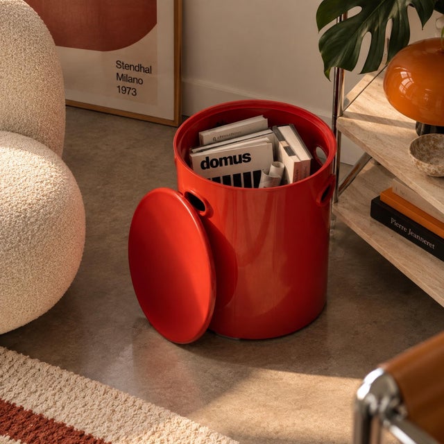 Vintage cylindrical laundry basket and storage container produced by Gedy in Italy during the 1970s. Made from glossy red...