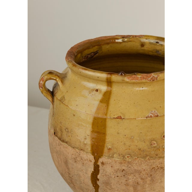 19th Century French Provincial confit pot with pulled handles. Ochre yellow glazed upper half, unglazed terracotta lower...