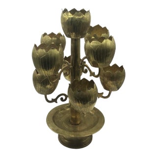 Vintage MCM Brass 9 Lotus Flower Candelabra For Sale