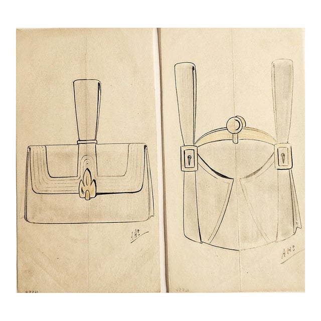 1930s Set of 2 Original French Art Deco Fashion Drawings-Pocketbooks, Purses, Documentation For Sale