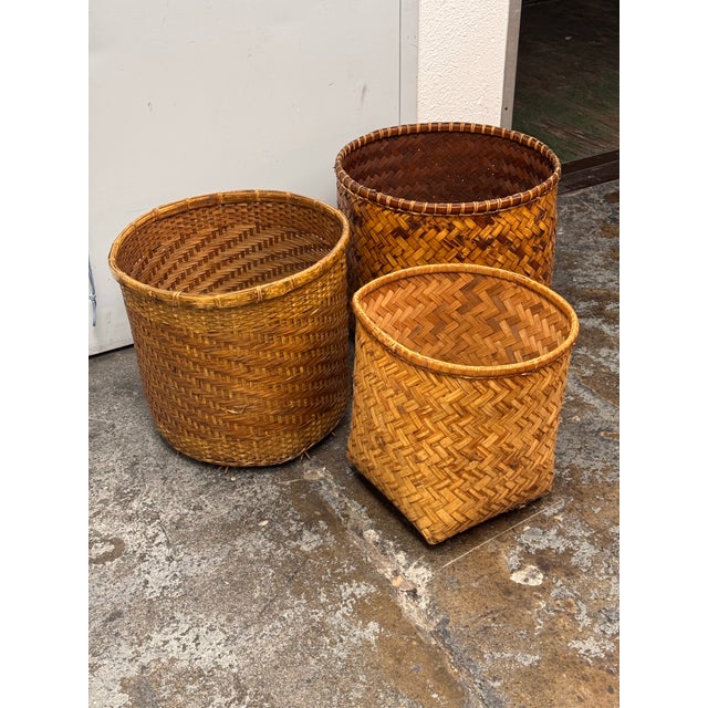 Vintage Handwoven Wicker Baskets, Set of Three For Sale - Image 10 of 12