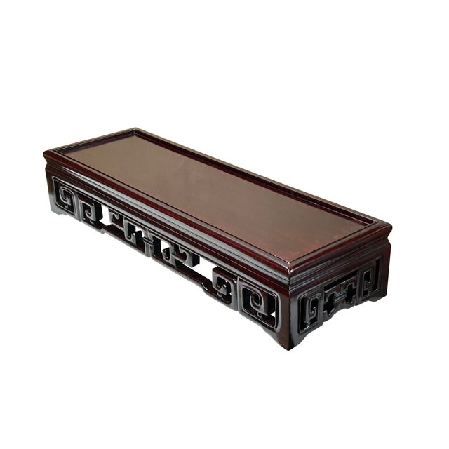 Dark Brown Stained Oriental Geometric Rectangular Display Table Stand For Sale - Image 4 of 12