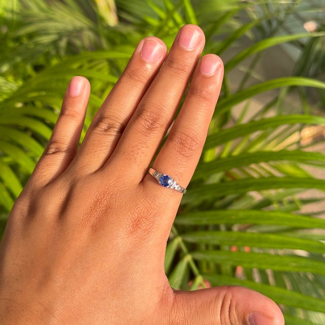 Art Deco-Inspired Round Blue Sapphire & Baguette Diamond Ring Size 6.5 in 14k White Gold For Sale - Image 12 of 17