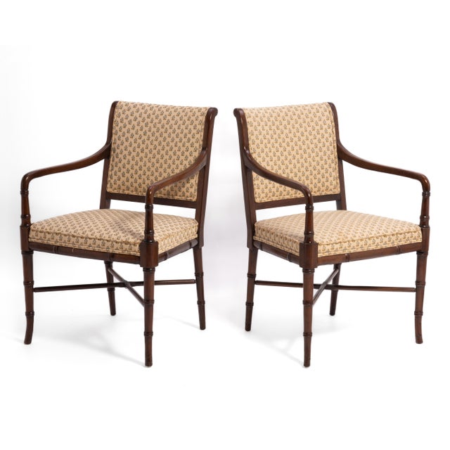 Regency Style Mahogany Bamboo Armchairs With Original Upholstery - A Pair For Sale In Philadelphia - Image 6 of 15