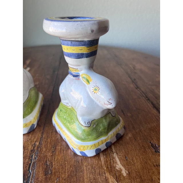 Pair of Hand Painted Bunny Rabbit Terracotta Candlestick Holders, Made in Portugal For Sale In Dallas - Image 6 of 11