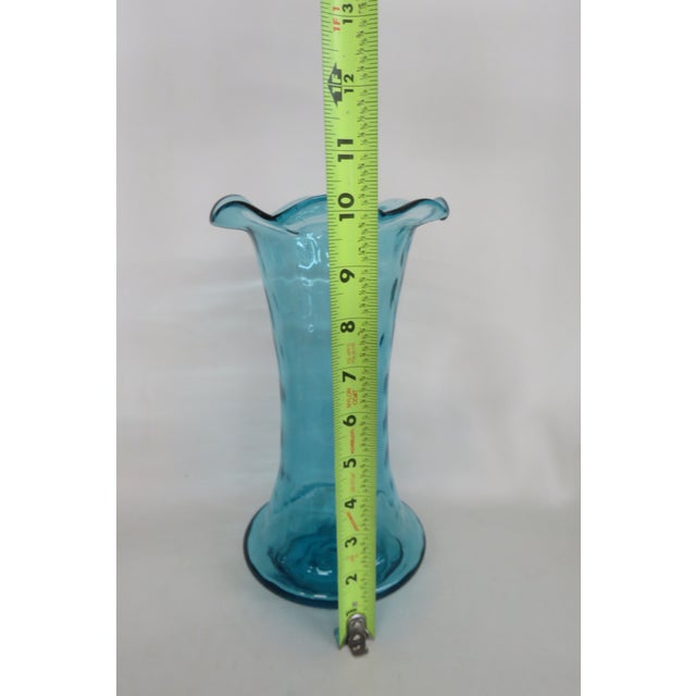 Turquoise Aqua Blue Vase Hand Blown Sculpted Art Glass With Ruffled Edge 4755b For Sale - Image 10 of 11