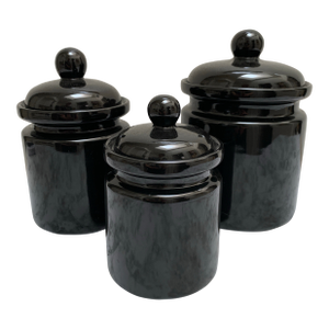 Vintage Black Pottery Ceramic Storage Canisters, Set of Three