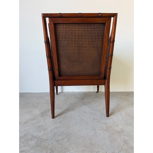 1970s Hickory Chair Regency Style Faux Bamboo Caned Lounge Armchair on Brass Casters For Sale In Miami - Image 6 of 12