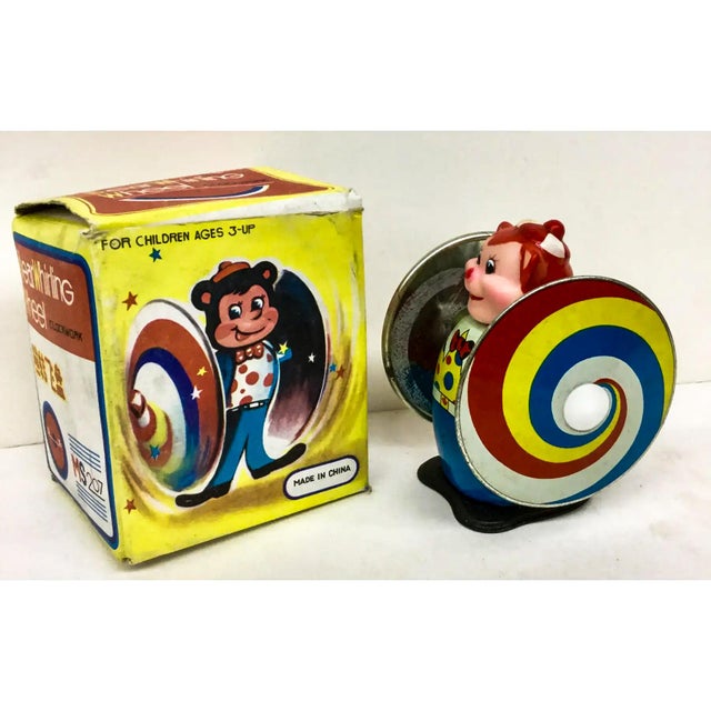 Yellow Vintage Wind-Up Toy Bear Whirling Wheel New in Box For Sale - Image 8 of 9
