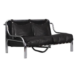 Black Leather Stringa 2-Seater Sofa by Gae Aulenti for Poltronova, 1960s For Sale