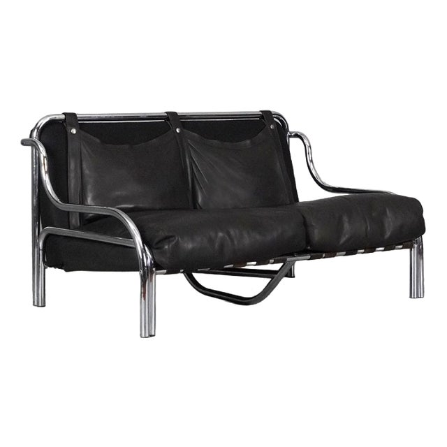 Black Leather Stringa 2-Seater Sofa by Gae Aulenti for Poltronova, 1960s For Sale