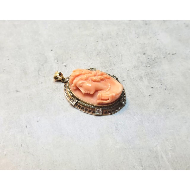 Victorian Antique Carved Coral Gold Cameo With Pearl and Diamonds For Sale - Image 3 of 9