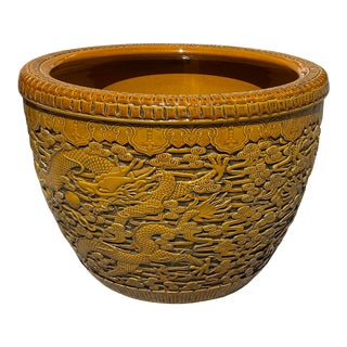 Chinese Ceramic Dragons Relief Motif Yellow Brown Color Pot Planter For Sale
