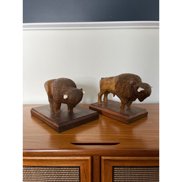 Vintage Carved Buffalo or Bison Sculpture s.l. Mitchell - Set of 2 For Sale - Image 4 of 8