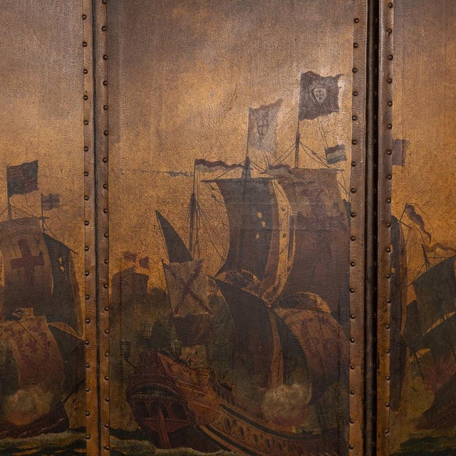 20th Century Oil Painted on Leather Room Screen, 1920s For Sale - Image 12 of 18