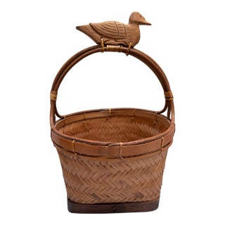 Vintage Rustic Asian Wood Carved Duck Basket For Sale