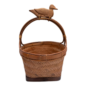 Vintage Rustic Asian Wood Carved Duck Basket