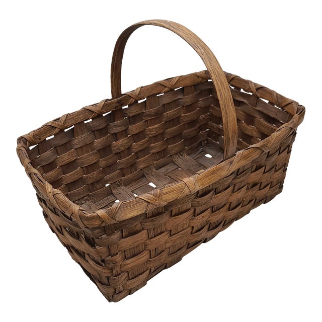 Early 20th Century Splint Weave Oak Bentwood Handle Gathering Basket For Sale
