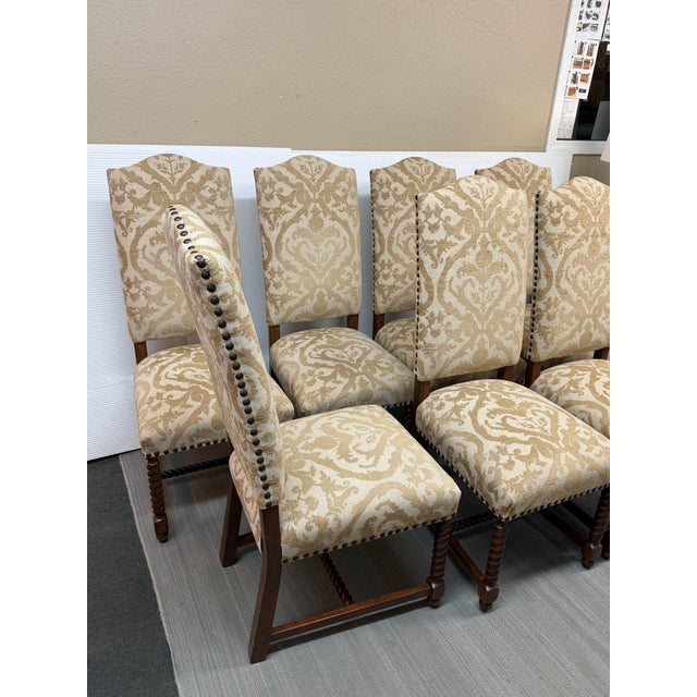Fortuny French Louis XIII Style High Back Damask Dining Chairs, Set of Seven For Sale - Image 4 of 12