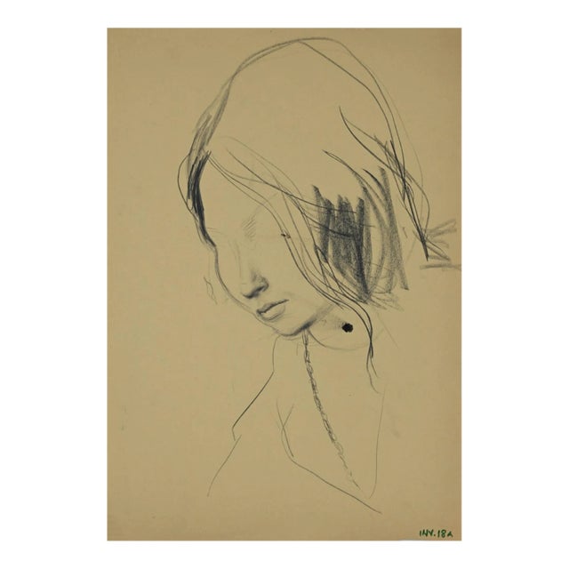 Leo Guida - Female Portrait - Original Charcoal Drawing - 1970s For Sale