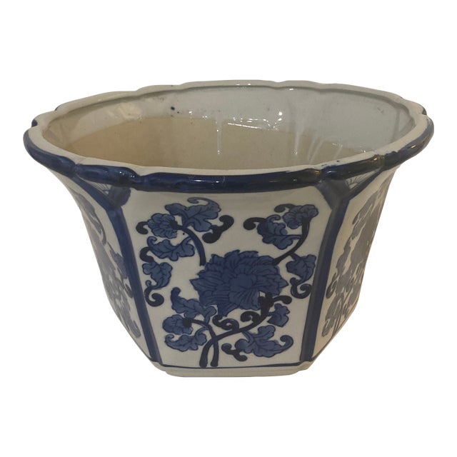 Blue and White Porcelain Cache Pot For Sale