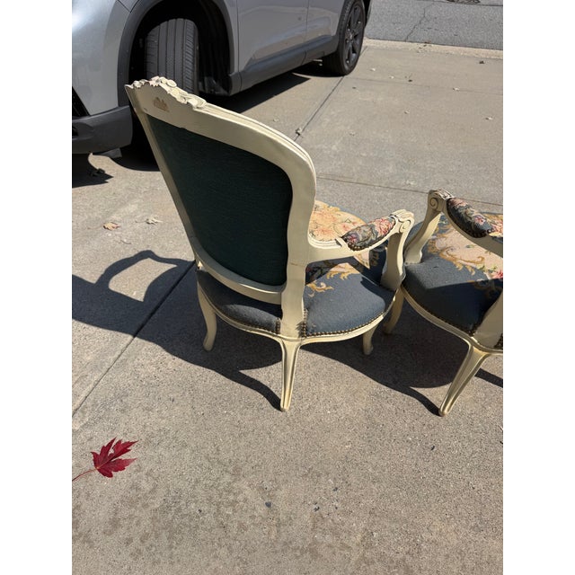 Wood Antique French Louis XV Style Needlepoint Arm Chairs Pastoral Scene Tap Pair For Sale - Image 7 of 10