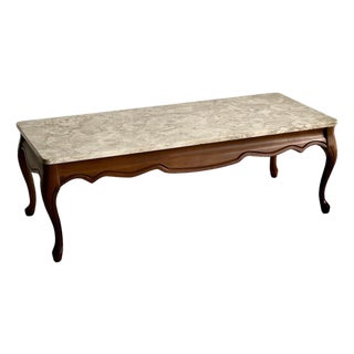 Vintage French Provincial Carved Maple Coffee Table With Marble Top For Sale